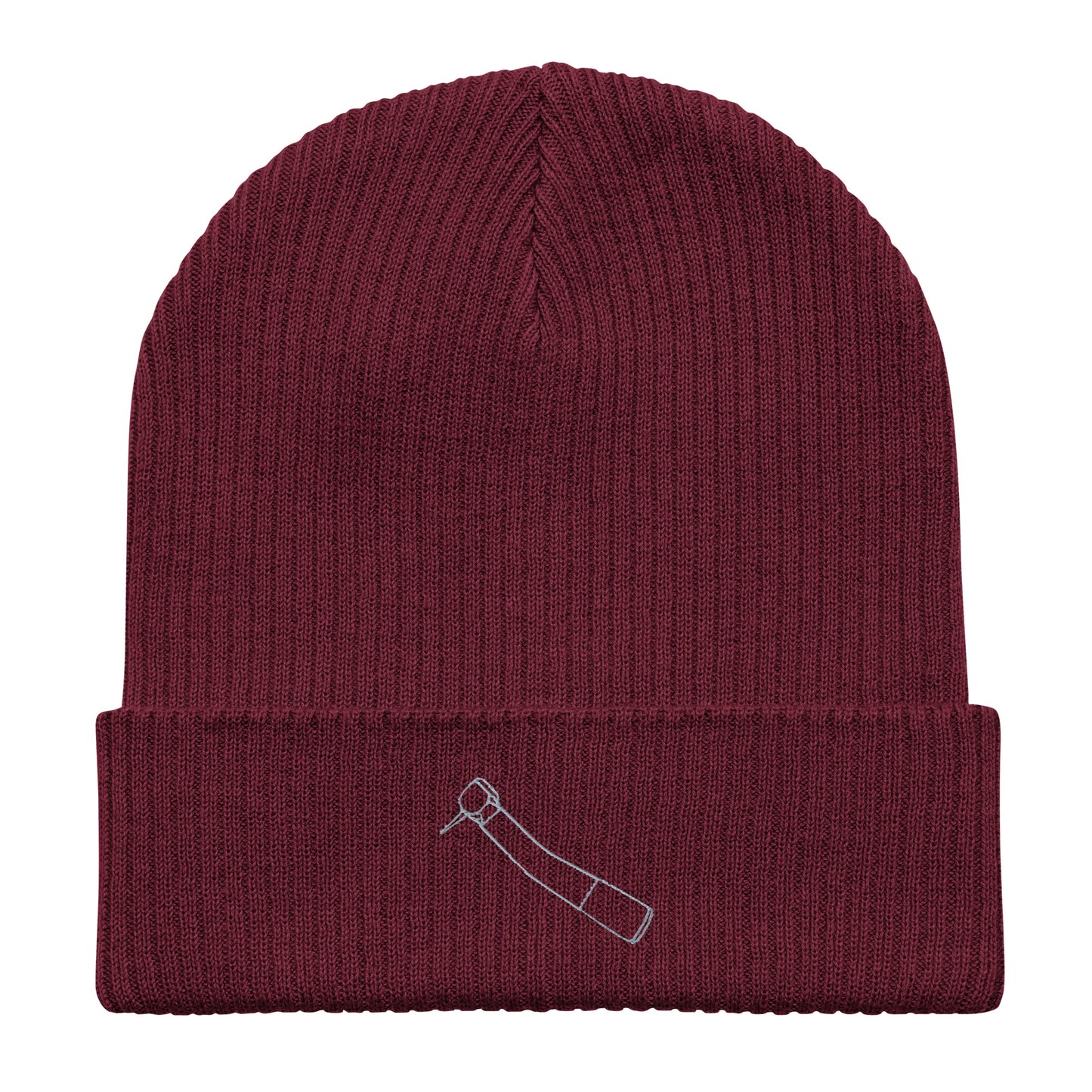 Gerippte Bio-Beanie mit kleinem gesticktem Winkelstück-Motiv in Schwarz, Oxford Navy oder Burgundy – minimalistisches Dental-Accessoire im cleanen Streetwear-Look