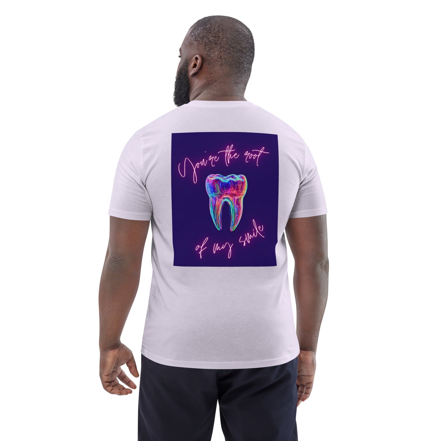 Unisex-T-Shirt aus Bio-Baumwolle mit Zahn-Icon und Spruch 'You're the root of my smile' – ideal für Zahnmediziner, Dentalfans und Mediziner.