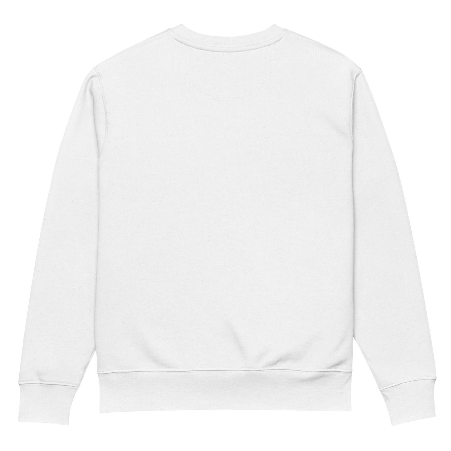 Weißer Unisex Bio-Pullover mit kleinem minimalistischen „dam-it.“-Kofferdam-Motiv auf der Brust – cleaner Dental-Sweater für Endodontie- und Zahnmedizin-Fans