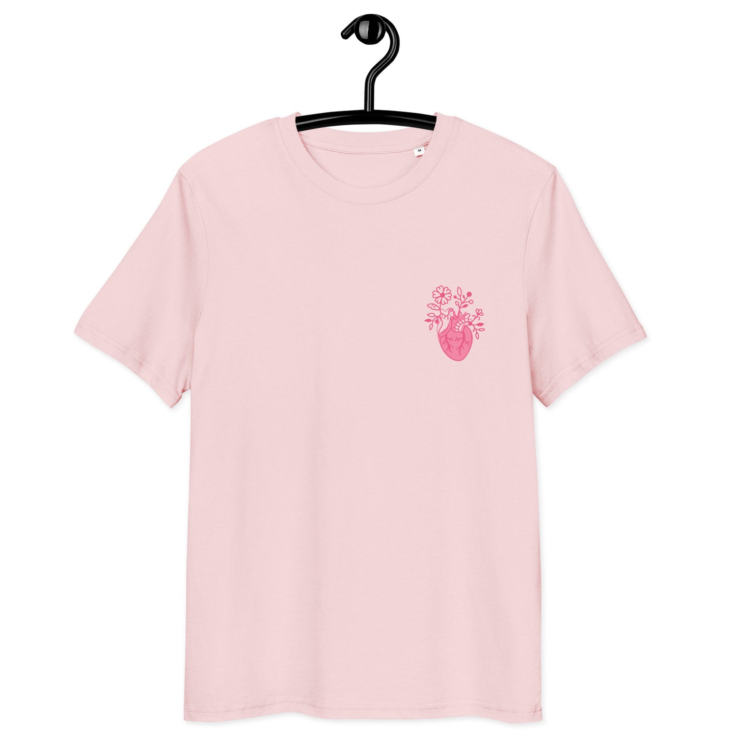 Rosa Bio-Unisex-T-Shirt „Cordis“ mit floralem anatomischem Herzmotiv auf der Brust – minimalistisches Medizin- und Anatomy-Design aus Bio-Baumwolle