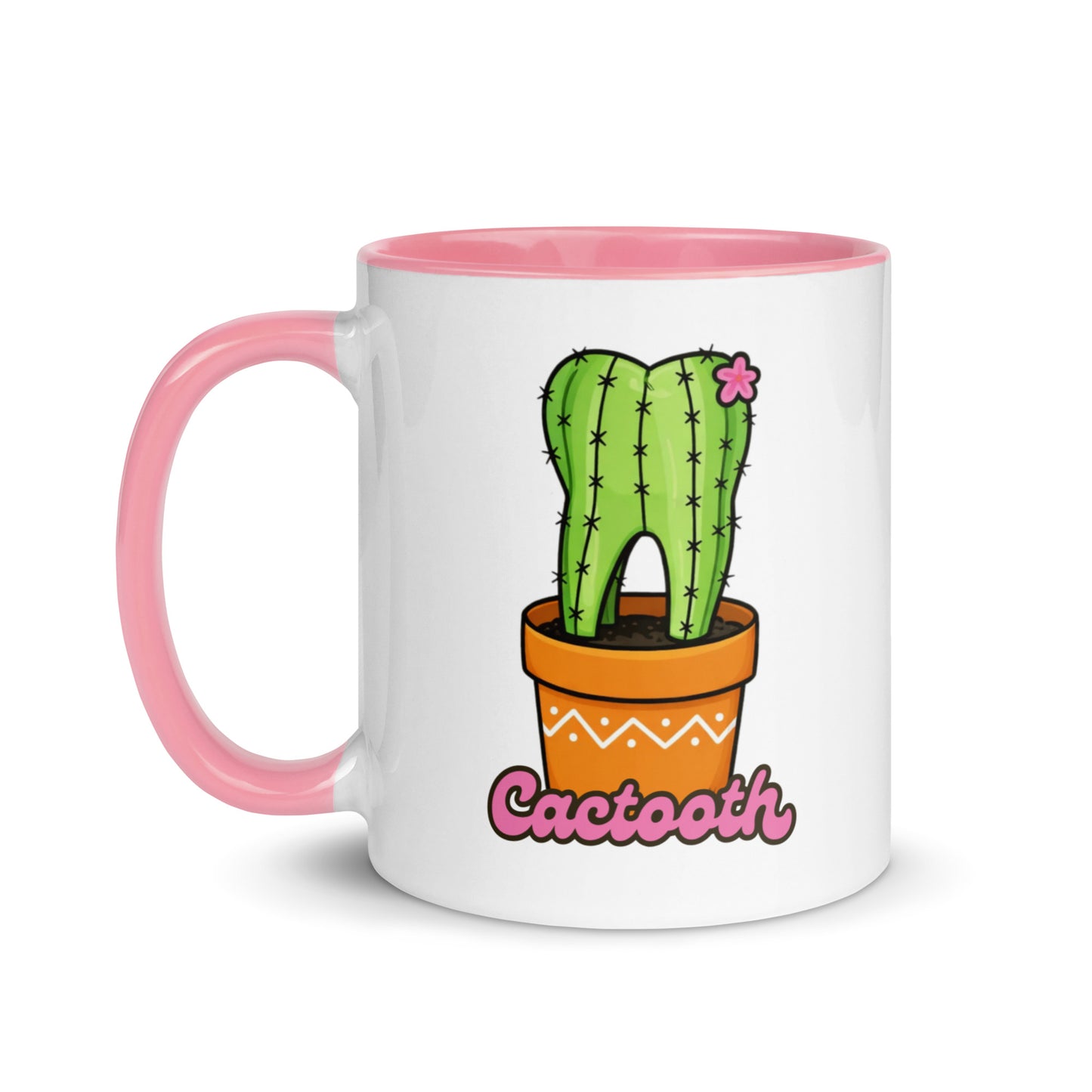 Weiße Keramiktasse mit pinkem Henkel und Innenseite sowie süßem Kaktus-Zahn-Motiv und Schriftzug „Cactooth“ – humorvolle Dental-Tasse für Zahnmedizin und Pflanzenfans