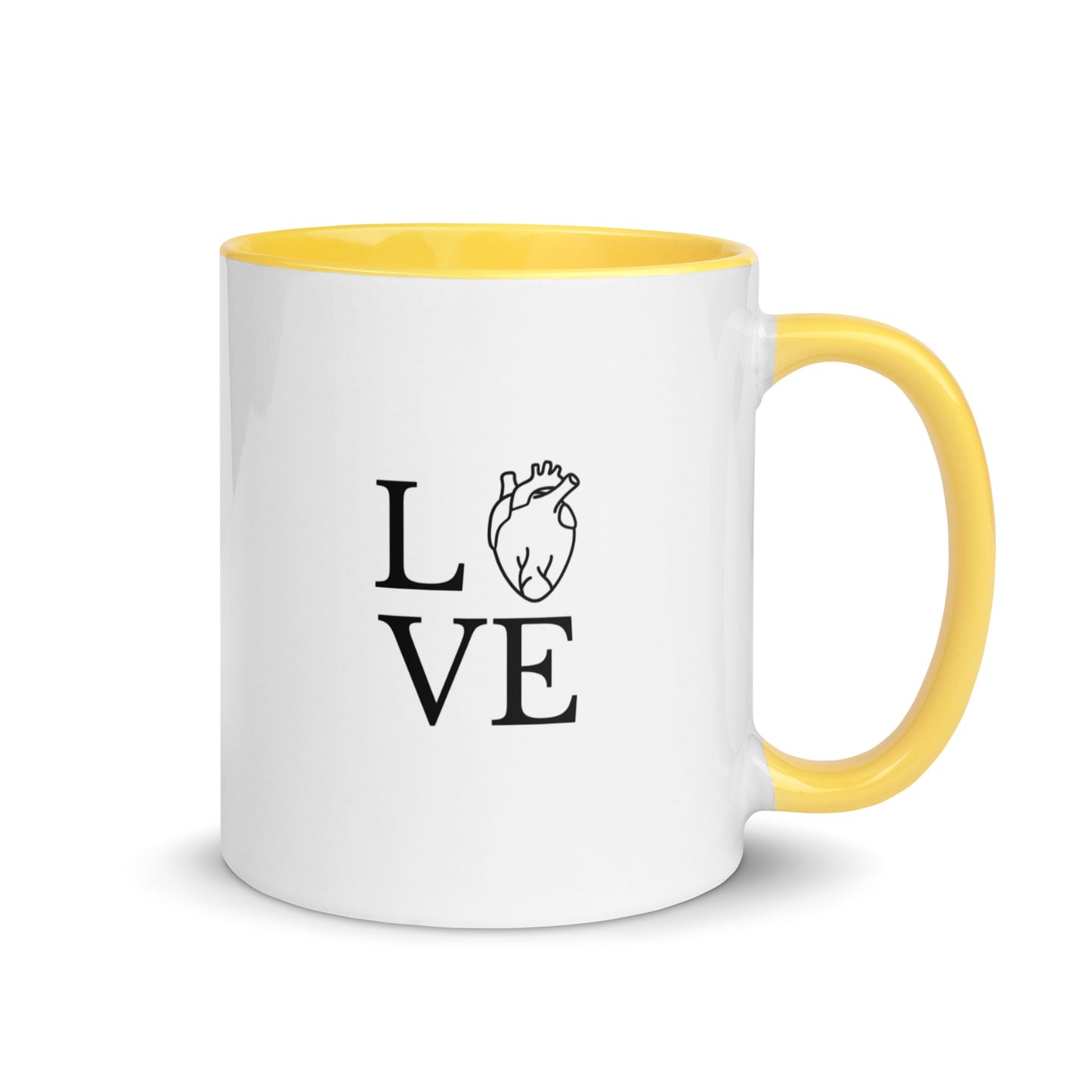 Weiße Keramiktasse mit farbigem Henkel und minimalistischen „LOVE“-Design mit Herzsymbol im medizinischen Stil