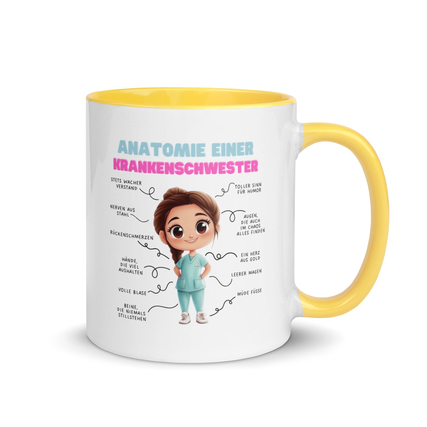 Weiße Keramiktasse mit farbigem Henkel und Innenseite sowie Motiv „Anatomie einer Krankenschwester“ – humorvolle Tasse für Pflegekräfte und Nurse-Life-Fans
