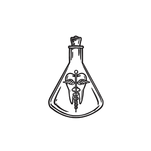 Minimalistisches MeDensci-Logo mit medizinischem Symbol in einem Laborflaschen-Design – moderne Science- und Medizin-Ästhetik für Uni- und Fachschaftsmerch.