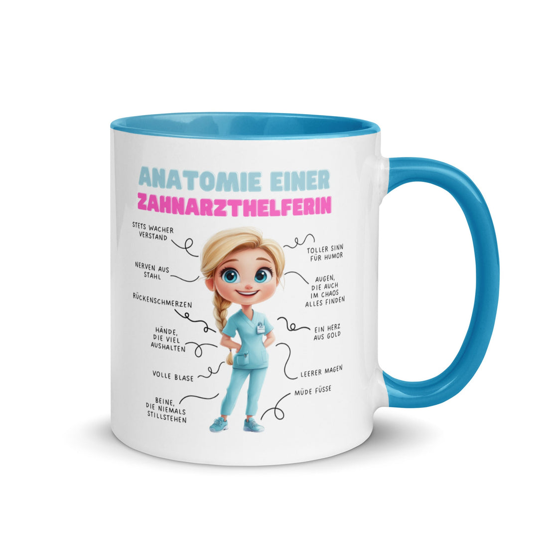 Illustration einer Zahnmedizinischen Fachangestellten auf einer weißen Tasse mit blauem Henkel und dem Schriftzug „Anatomie einer Zahnarzthelferin“ im humorvollen Dental-Design.