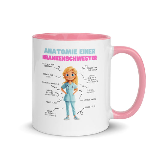 Illustration einer Krankenschwester auf einer weißen Tasse mit rosa Henkel und dem Schriftzug „Anatomie einer Krankenschwester“ im humorvollen Medizin-Design.