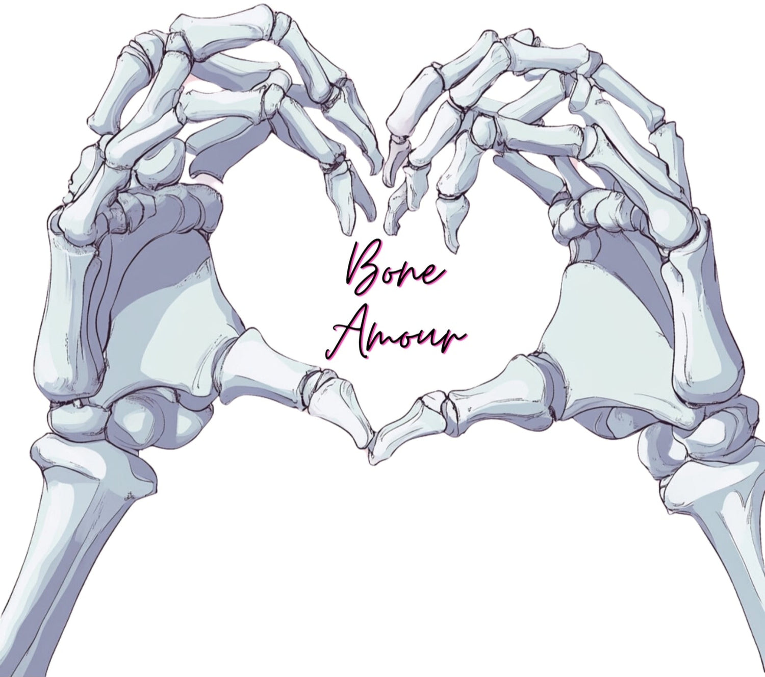Handknochen, die ein Herz darstellen mit dem Schrift "Bone Amour" in der Mitte. Medizin / Zahnmedizin / Knochen / Fingern