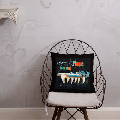 Schwarzes Dekokissen mit Retro-Zahnmotiv und „Plaque to the Future“-Design im Sci-Fi-Stil