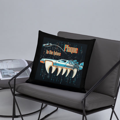 Schwarzes Dekokissen mit Retro-Zahnmotiv und „Plaque to the Future“-Design im Sci-Fi-Stil