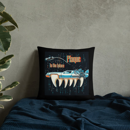 Schwarzes Dekokissen mit Retro-Zahnmotiv und „Plaque to the Future“-Design im Sci-Fi-Stil
