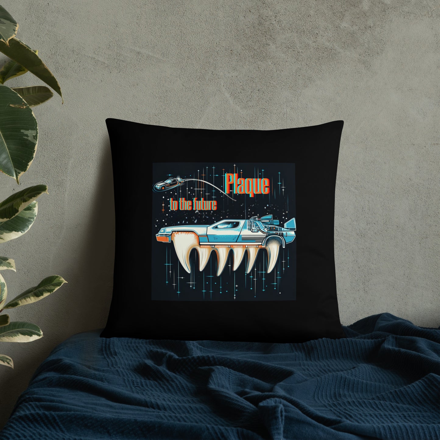 Schwarzes Dekokissen mit Retro-Zahnmotiv und „Plaque to the Future“-Design im Sci-Fi-Stil 22x22