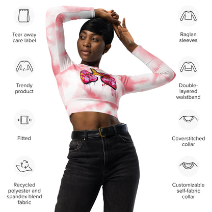 Recyceltes Langarm-Crop-Top mit rosa-weißem Tie-Dye-Alloverdruck und farbigem „Pulmo Pop“-Lungenmotiv auf der Vorderseite – medizinisch inspirierte Activewear mit UPF 50+ UV-Schutz