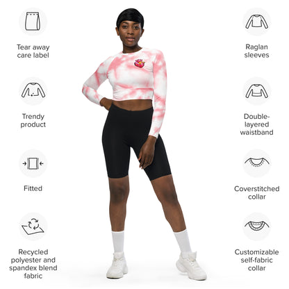 Recyceltes Langarm-Crop-Top mit rosa-weißem Tie-Dye-Alloverdruck und anatomischem Herzmotiv „Cordis Pop“ auf der Vorderseite – sportlich-aesthetic Medizin-Fashion mit UPF 50+ UV-Schutz