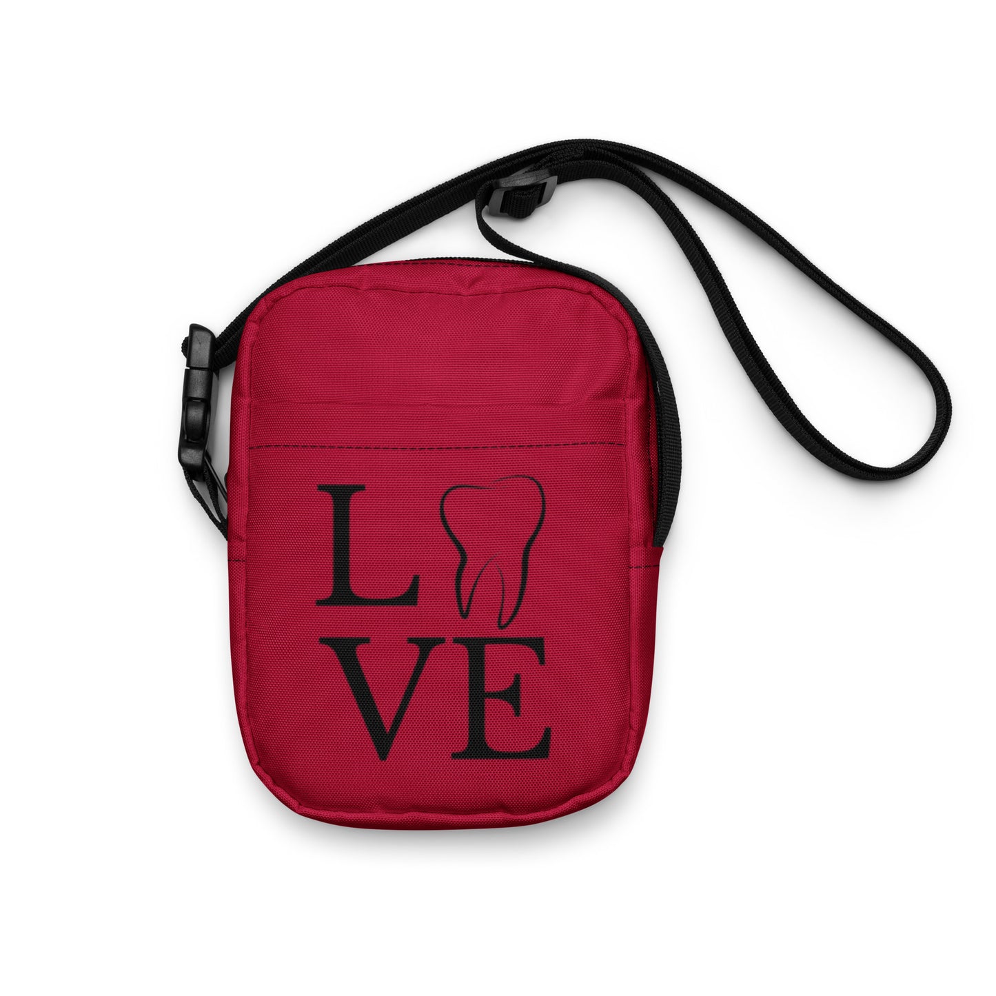Rote Umhängetasche mit LOVE-Schriftzug und Zahnsymbol im Dental-Design