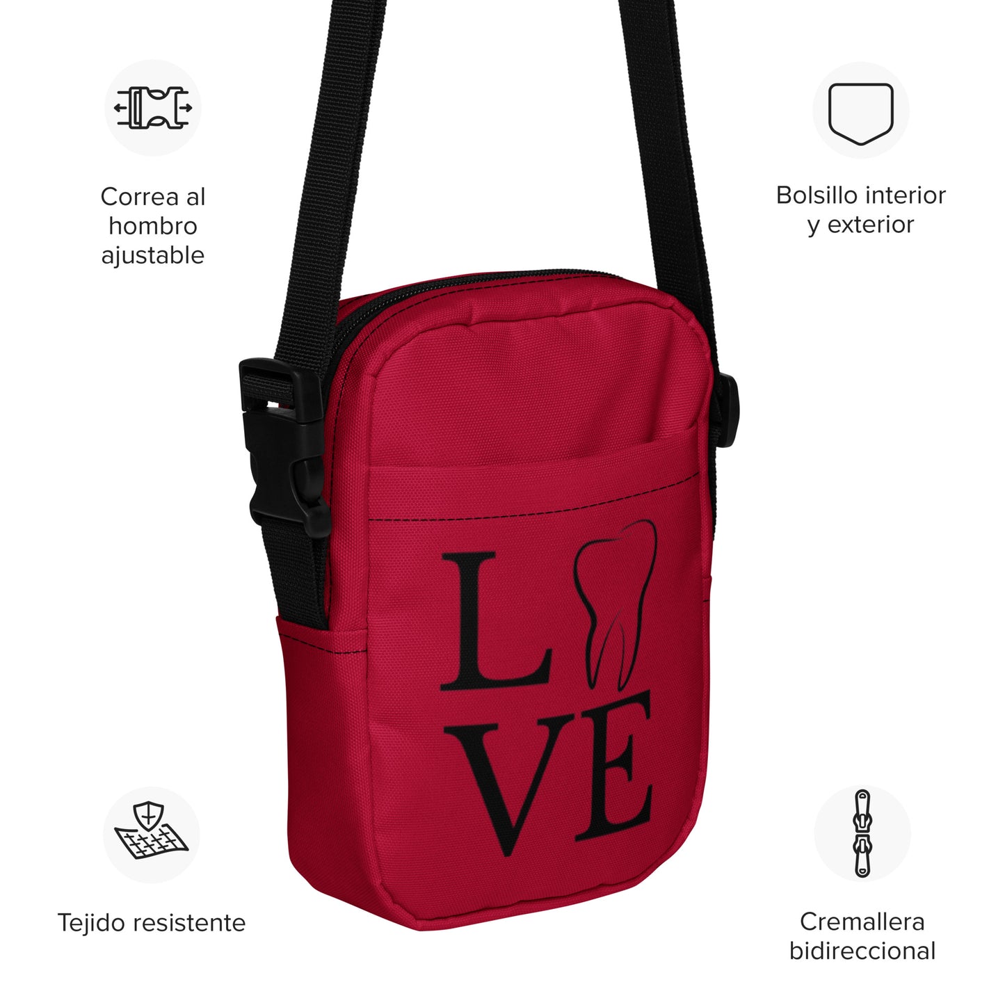 Rote Umhängetasche mit LOVE-Schriftzug und Zahnsymbol im Dental-Design