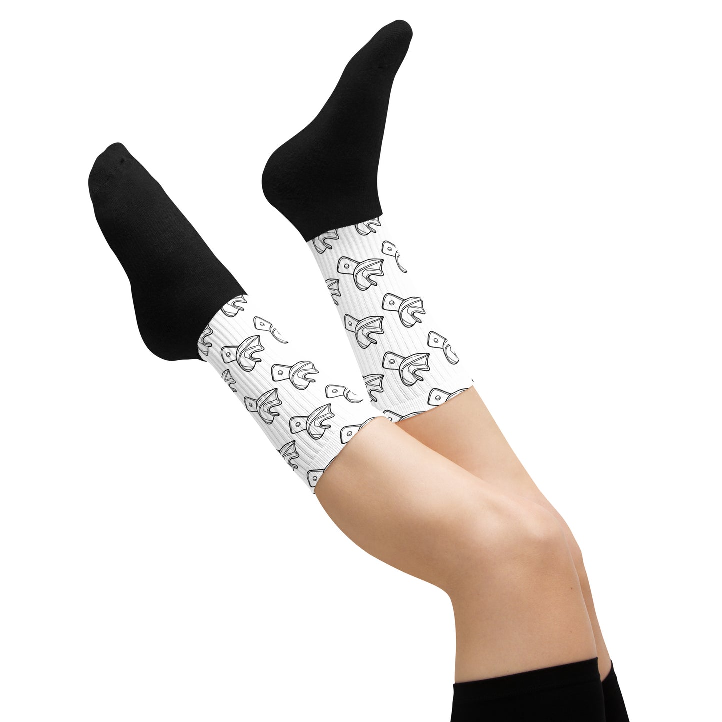 Weiße Crew-Socken mit minimalistischem Unterkiefer-Abdrucklöffel-Allover-Print – dezente Dental-Socken im cleanen Streetwear-Look