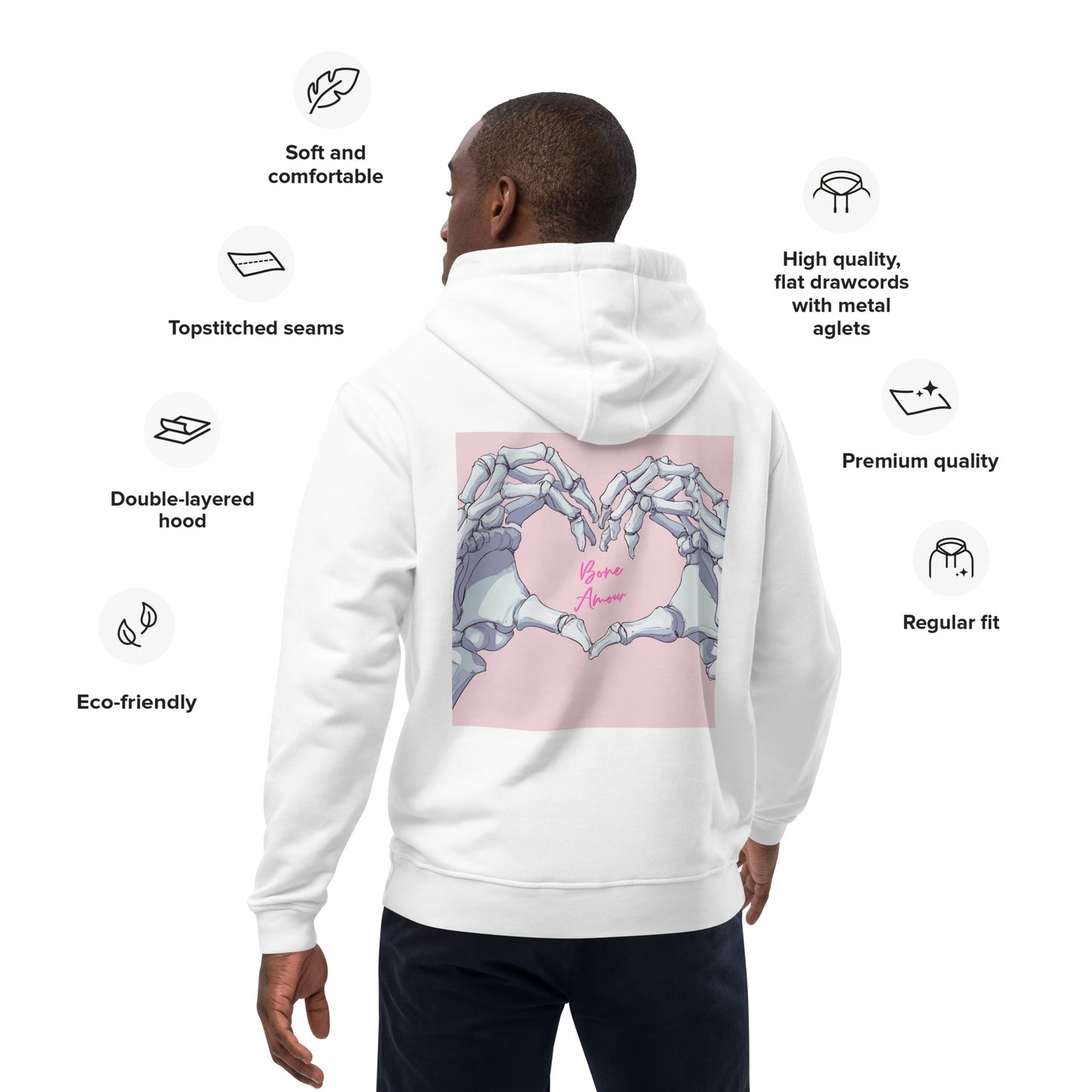 Nachhaltige Materialien und Fairtrade-Qualität des Bone Amour Hoodies – ideal für umweltbewusste Mediziner und Medizinstudenten.