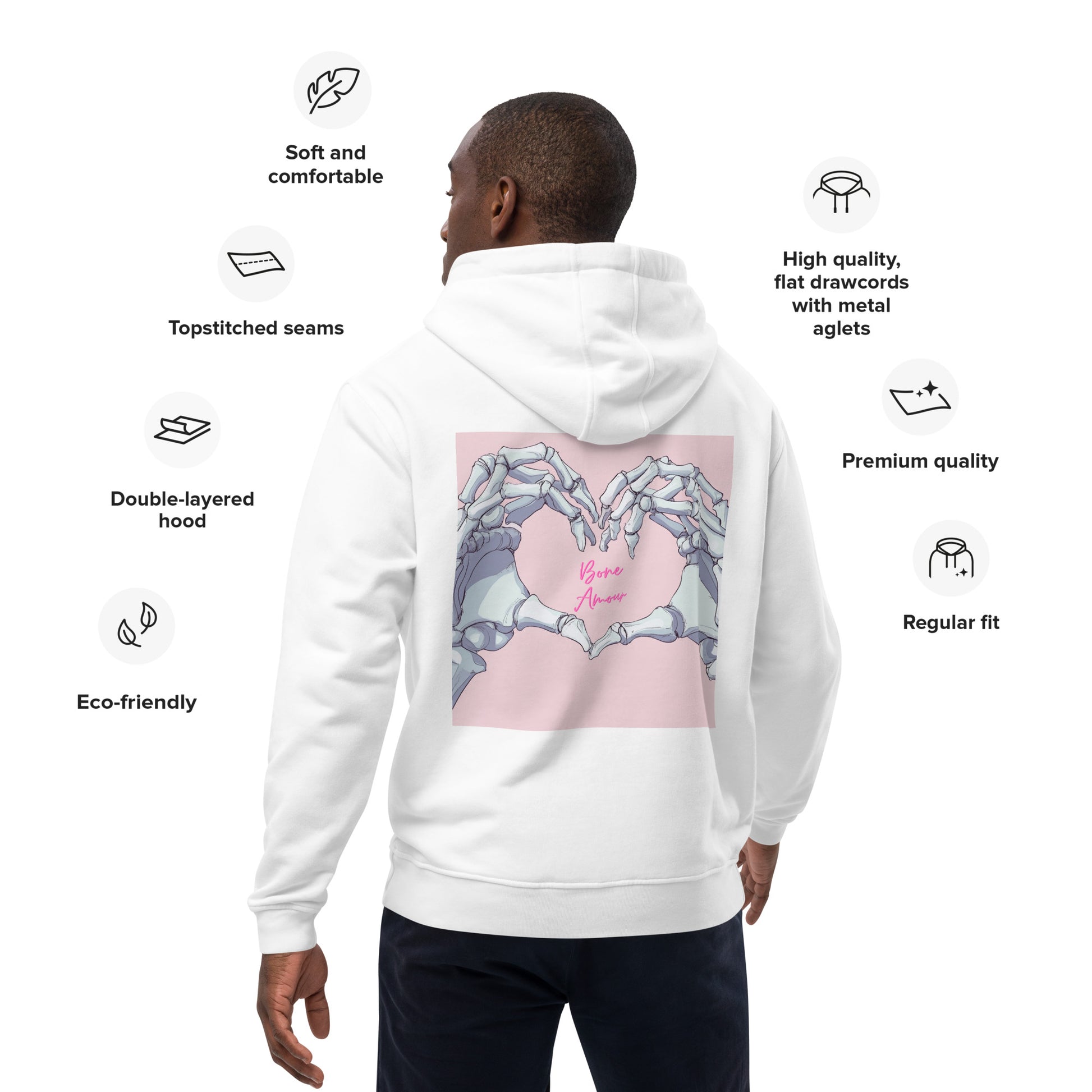 Nachhaltige Materialien und Fairtrade-Qualität des Bone Amour Hoodies – ideal für umweltbewusste Mediziner und Medizinstudenten.