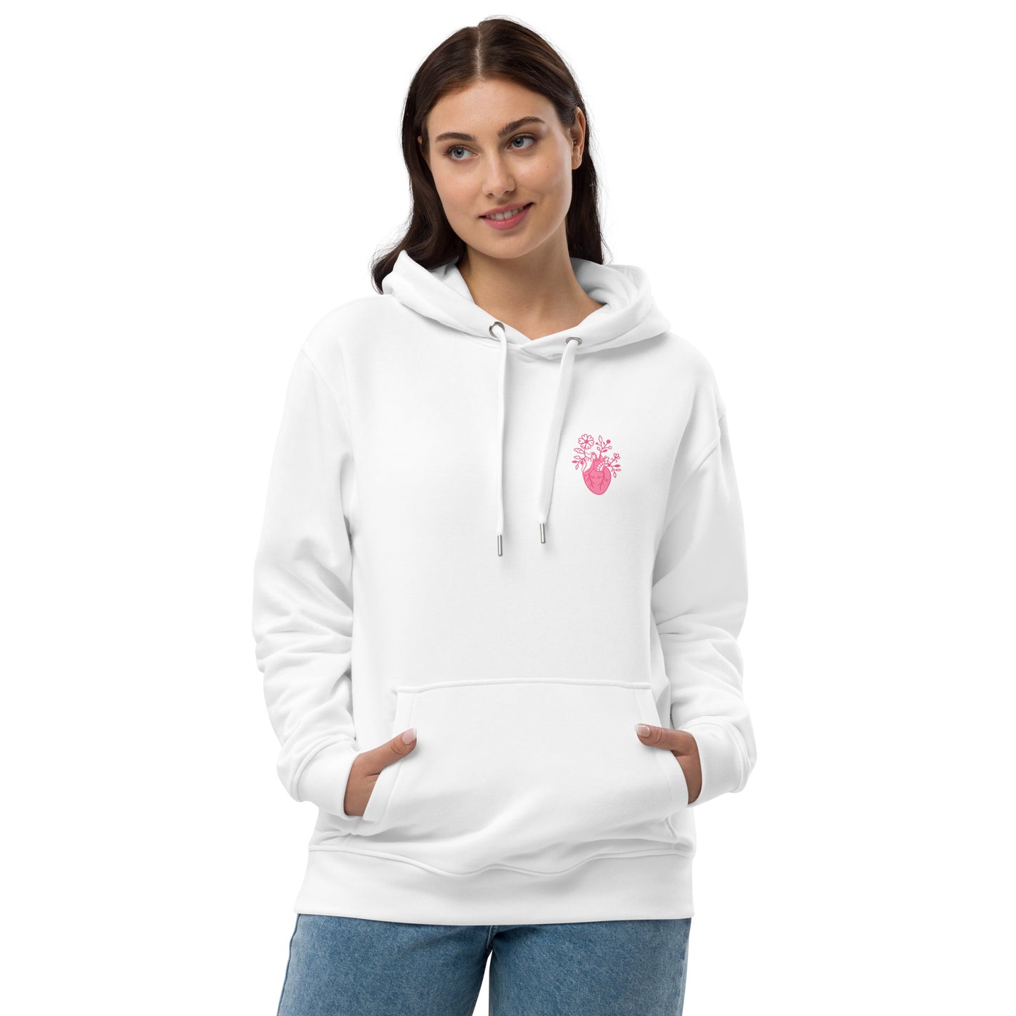 Kompletter Look mit Bone Amour Hoodie, weißer nachhaltiger Kapuzenpullover, getragen von einer Frau – ideal für Medizinstudenten.