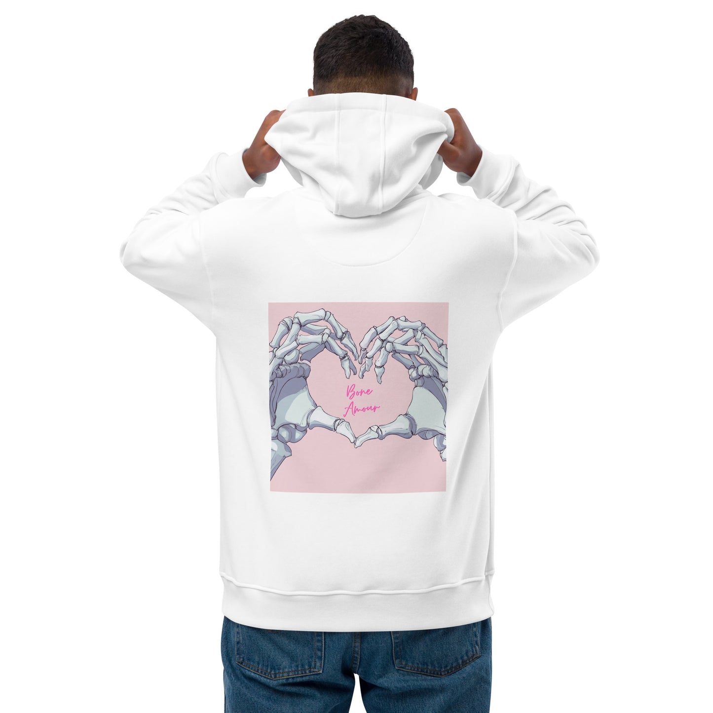Bone Amour Hoodie – Rückansicht, nachhaltiger Kapuzenpulli mit anatomischem Skelett-Design in Rosa und Blau/Grau für Mediziner.