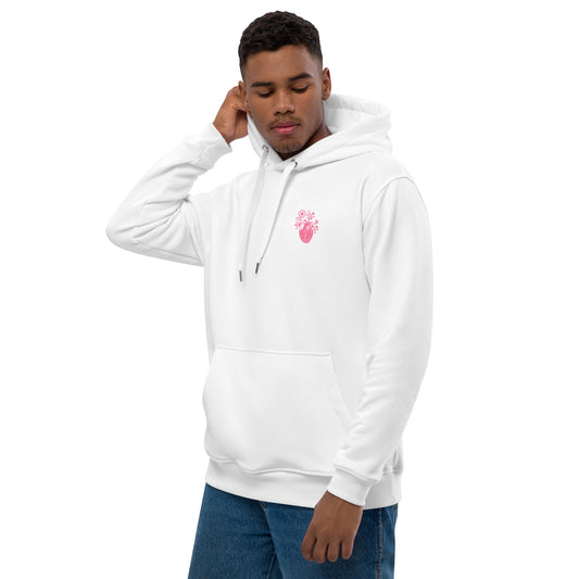 Bone Amour Hoodie – Vorderansicht, weißer nachhaltiger Kapuzenpulli mit rosa Herzmotiv, ideal für Mediziner und Medizinstudenten.