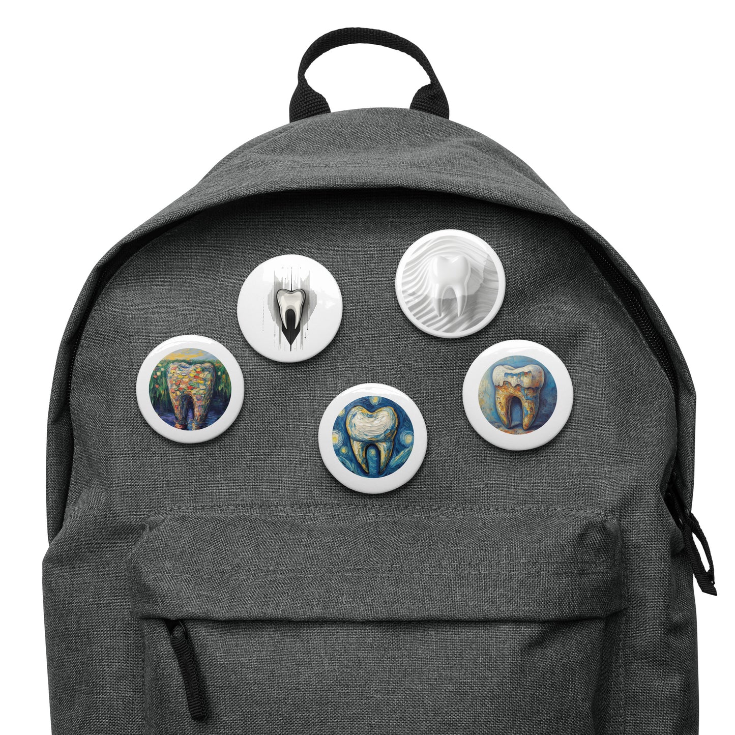 Button-Set mit 5 Zahnmotiven, inspiriert von berühmten Kunststilen, perfekt für Zahnmediziner und Dentalfans