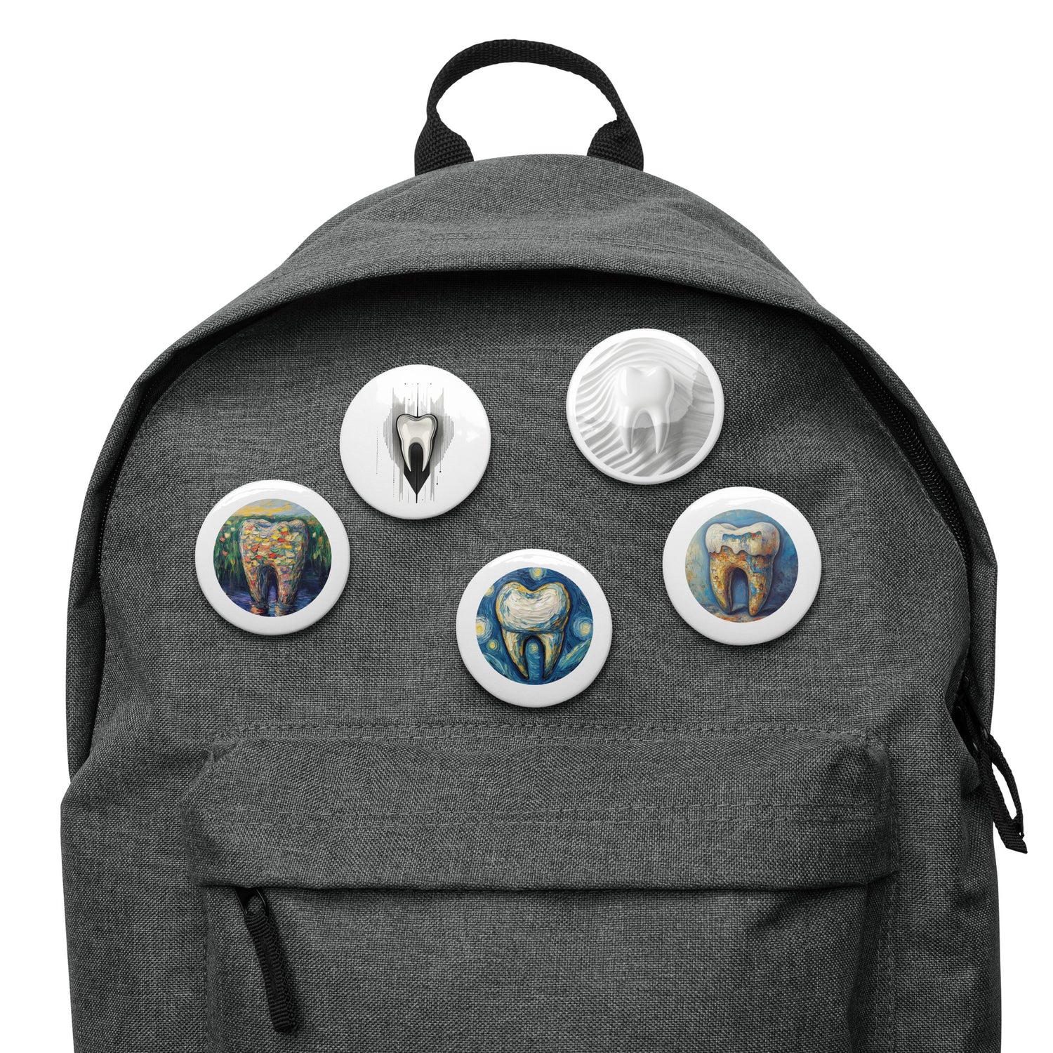 Button-Set mit 5 Zahnmotiven, inspiriert von berühmten Kunststilen, perfekt für Zahnmediziner und Dentalfans