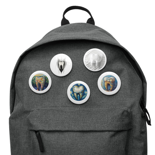 Button-Set mit 5 Zahnmotiven, inspiriert von berühmten Kunststilen, perfekt für Zahnmediziner und Dentalfans