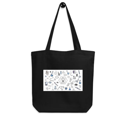 Schwarzer Bio-Stoffbeutel mit MedMerch-Logo und medizinisch-wissenschaftlichen Illustrationen im Doodle-Stil
