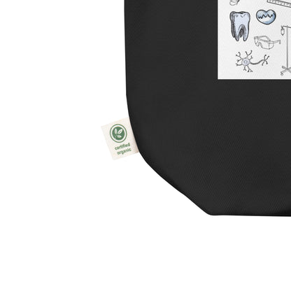 Schwarzer Bio-Stoffbeutel mit MedMerch-Logo und medizinisch-wissenschaftlichen Illustrationen im Doodle-Stil
