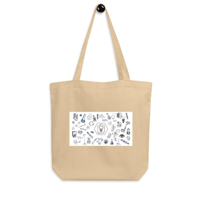 Oyster Bio-Stoffbeutel mit MedMerch-Logo und medizinisch-wissenschaftlichen Illustrationen im Doodle-Stil