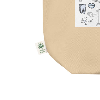 Oyster Bio-Stoffbeutel mit MedMerch-Logo und medizinisch-wissenschaftlichen Illustrationen im Doodle-Stil