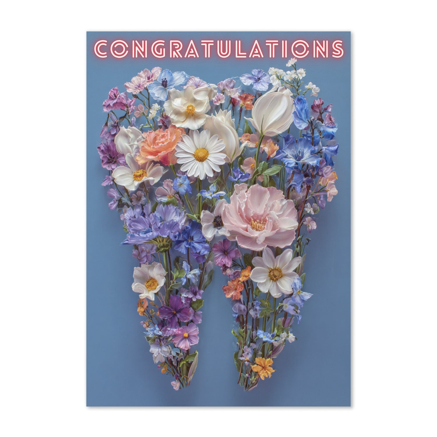 Grußkarte mit floralem Zahnmotiv aus bunten Blumen und „Congratulations“-Schriftzug auf blauem Hintergrund sowie MeDenSci-Logo auf der Rückseite