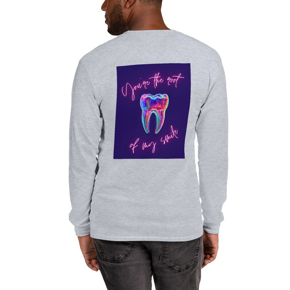 Langarmshirt für Zahnmediziner mit Spruch 'You're the root of my smile' auf der Rückseite – Sport Grau