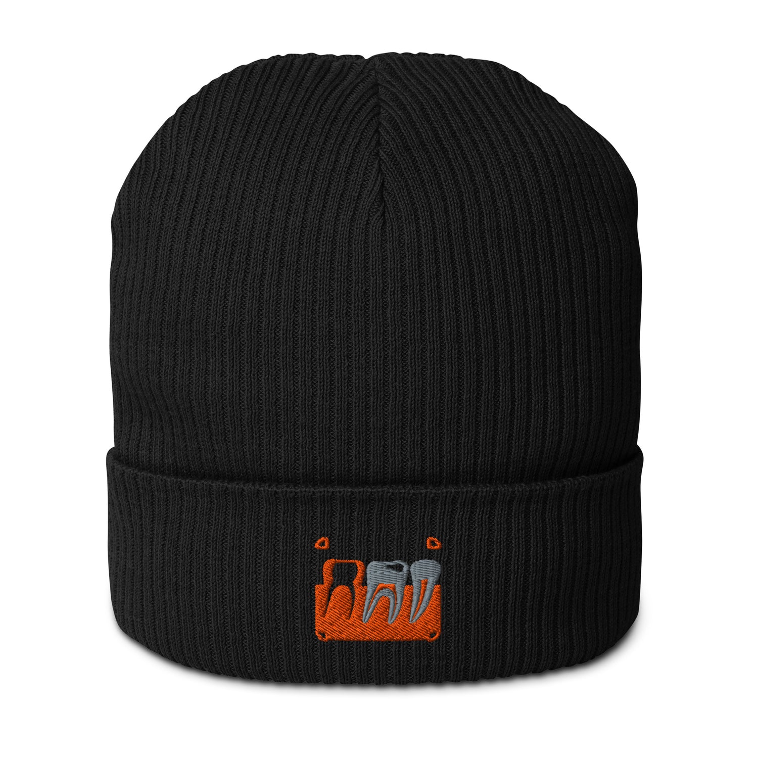 Gerippte Bio-Beanie mit kleinem gesticktem Retro-Röntgenmotiv im Pop-up-Stil – minimalistisches Dental-Accessoire für Zahnmedizin- und Streetwear-Fans in Schwarz, Navy oder Hellgrau