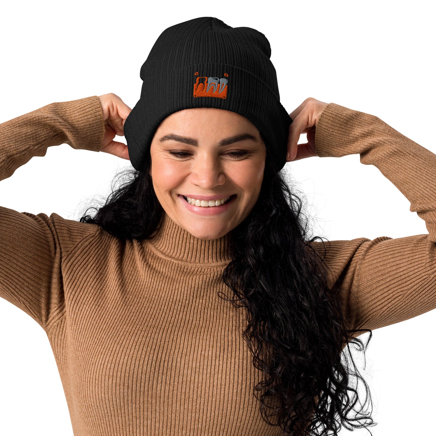 Gerippte Bio-Beanie mit kleinem gesticktem Retro-Röntgenmotiv im Pop-up-Stil – minimalistisches Dental-Accessoire für Zahnmedizin- und Streetwear-Fans in Schwarz, Navy oder Hellgrau