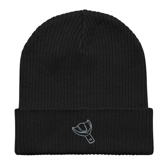 Gerippte Bio-Beanie mit kleinem gesticktem Oberkiefer-Abdrucklöffel-Motiv – minimalistisches Dental-Accessoire in Schwarz, Oxford Navy oder Burgundy