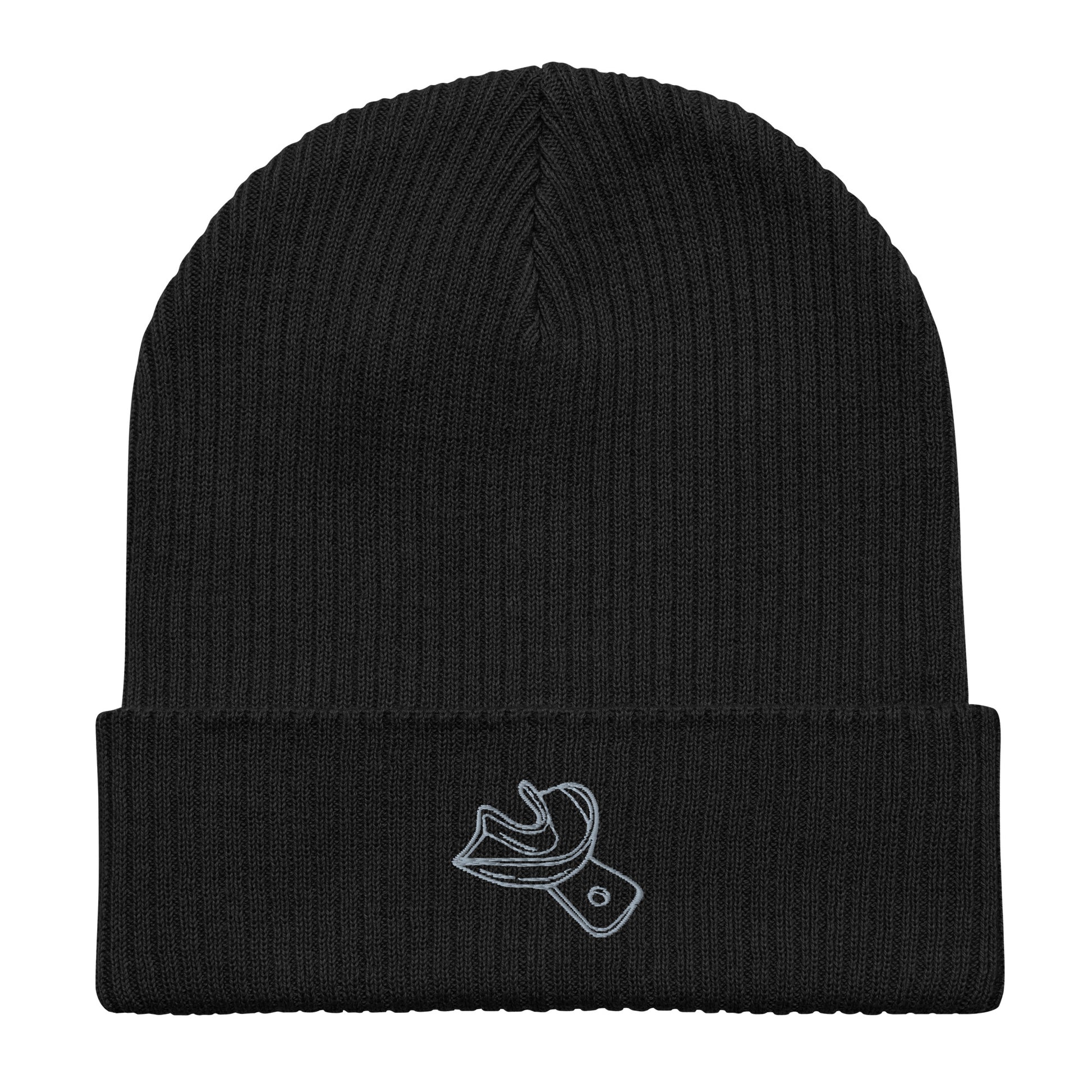Gerippte Bio-Beanie mit gesticktem Unterkiefer-Abdrucklöffel-Motiv – minimalistisches Dental-Accessoire in Schwarz, Navy und Burgundy