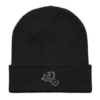 Gerippte Bio-Beanie mit gesticktem Unterkiefer-Abdrucklöffel-Motiv – minimalistisches Dental-Accessoire in Schwarz, Navy und Burgundy