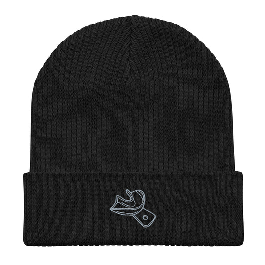 Gerippte Bio-Beanie mit gesticktem Unterkiefer-Abdrucklöffel-Motiv – minimalistisches Dental-Accessoire in Schwarz, Navy und Burgundy