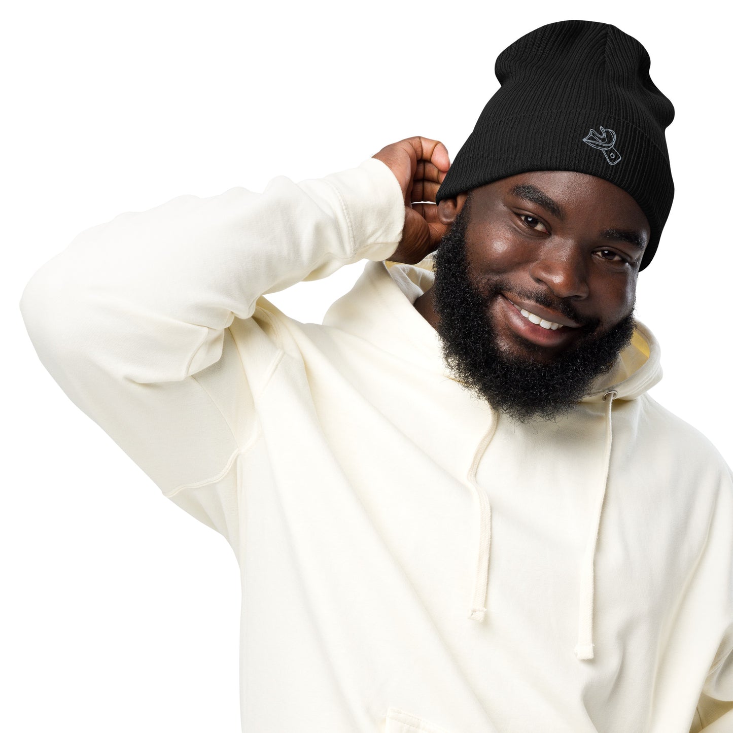 Gerippte Bio-Beanie mit gesticktem Unterkiefer-Abdrucklöffel-Motiv – minimalistisches Dental-Accessoire in Schwarz, Navy und Burgundy