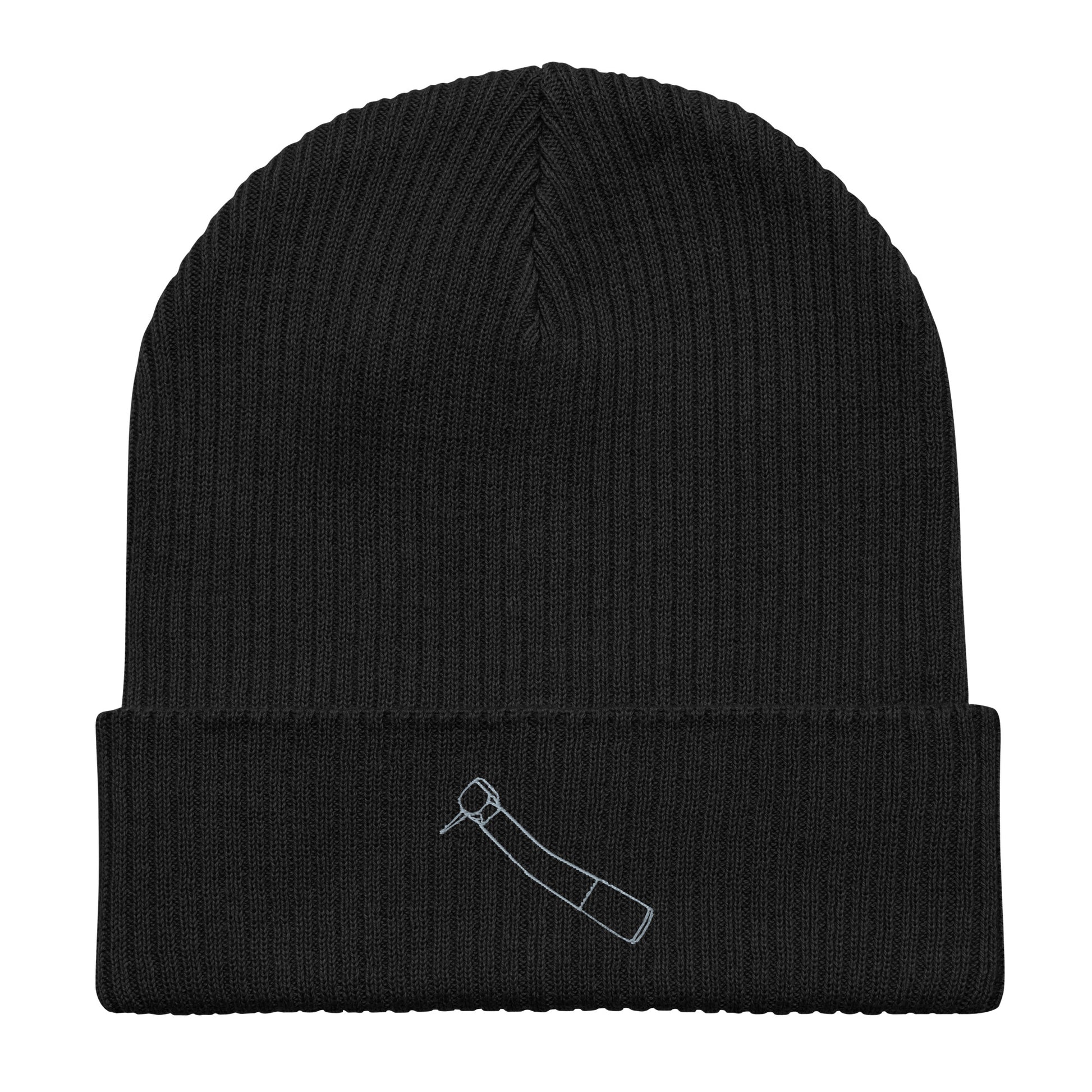 Gerippte Bio-Beanie mit kleinem gesticktem Winkelstück-Motiv in Schwarz, Oxford Navy oder Burgundy – minimalistisches Dental-Accessoire im cleanen Streetwear-Look