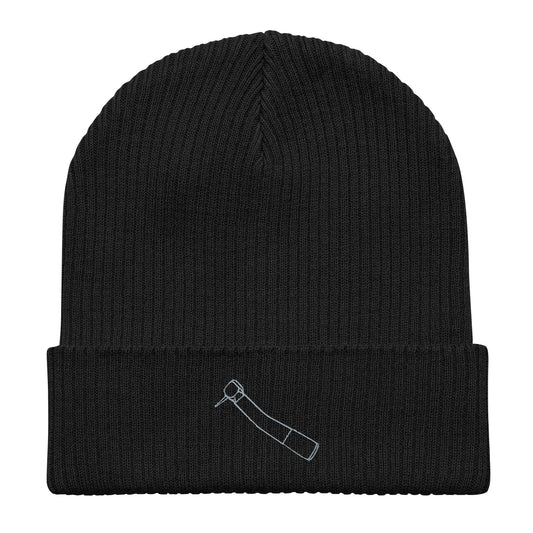 Gerippte Bio-Beanie mit kleinem gesticktem Winkelstück-Motiv in Schwarz, Oxford Navy oder Burgundy – minimalistisches Dental-Accessoire im cleanen Streetwear-Look