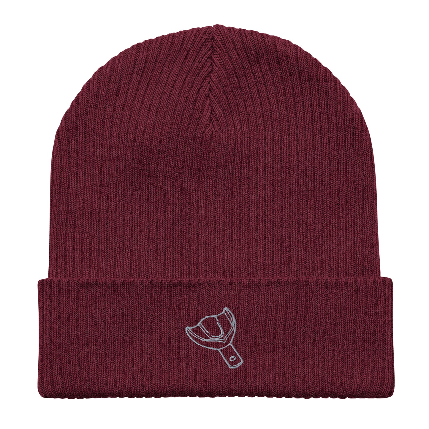 Gerippte Bio-Beanie mit kleinem gesticktem Oberkiefer-Abdrucklöffel-Motiv – minimalistisches Dental-Accessoire in Schwarz, Oxford Navy oder Burgundy