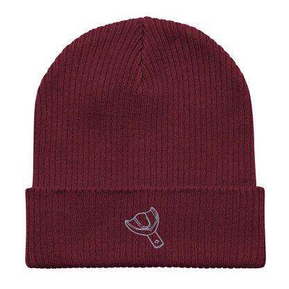 Gerippte Bio-Beanie mit kleinem gesticktem Oberkiefer-Abdrucklöffel-Motiv – minimalistisches Dental-Accessoire in Schwarz, Oxford Navy oder Burgundy