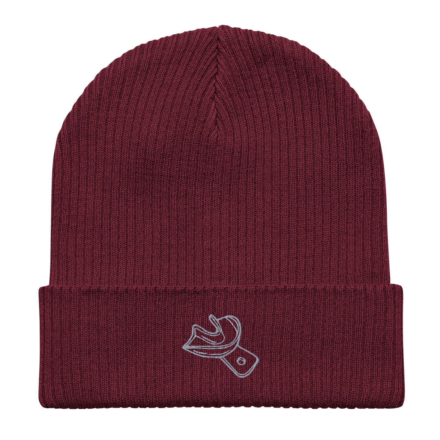 Gerippte Bio-Beanie mit gesticktem Unterkiefer-Abdrucklöffel-Motiv – minimalistisches Dental-Accessoire in Schwarz, Navy und Burgundy