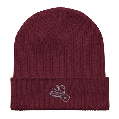 Gerippte Bio-Beanie mit gesticktem Unterkiefer-Abdrucklöffel-Motiv – minimalistisches Dental-Accessoire in Schwarz, Navy und Burgundy