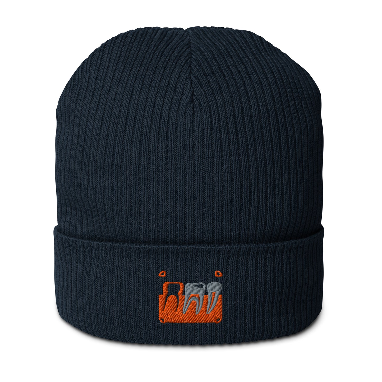 Gerippte Bio-Beanie mit kleinem gesticktem Retro-Röntgenmotiv im Pop-up-Stil – minimalistisches Dental-Accessoire für Zahnmedizin- und Streetwear-Fans in Schwarz, Navy oder Hellgrau