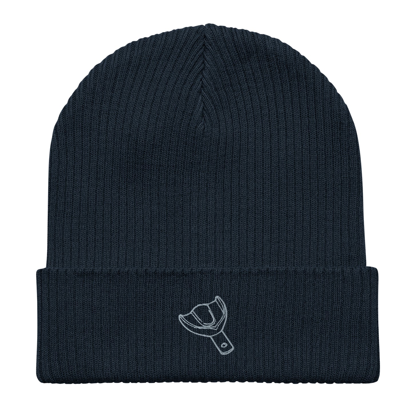 Gerippte Bio-Beanie mit kleinem gesticktem Oberkiefer-Abdrucklöffel-Motiv – minimalistisches Dental-Accessoire in Schwarz, Oxford Navy oder Burgundy