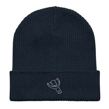 Gerippte Bio-Beanie mit kleinem gesticktem Oberkiefer-Abdrucklöffel-Motiv – minimalistisches Dental-Accessoire in Schwarz, Oxford Navy oder Burgundy